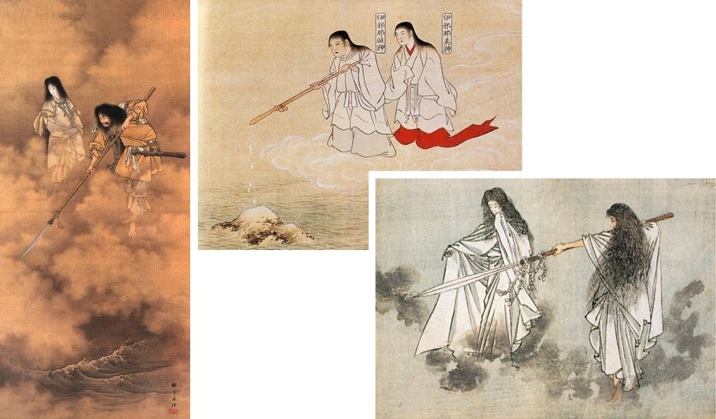 Représentations du couple fondateur par (1) Kobayashi Eitaku (1885), (2) inconnu et (3) inconnu